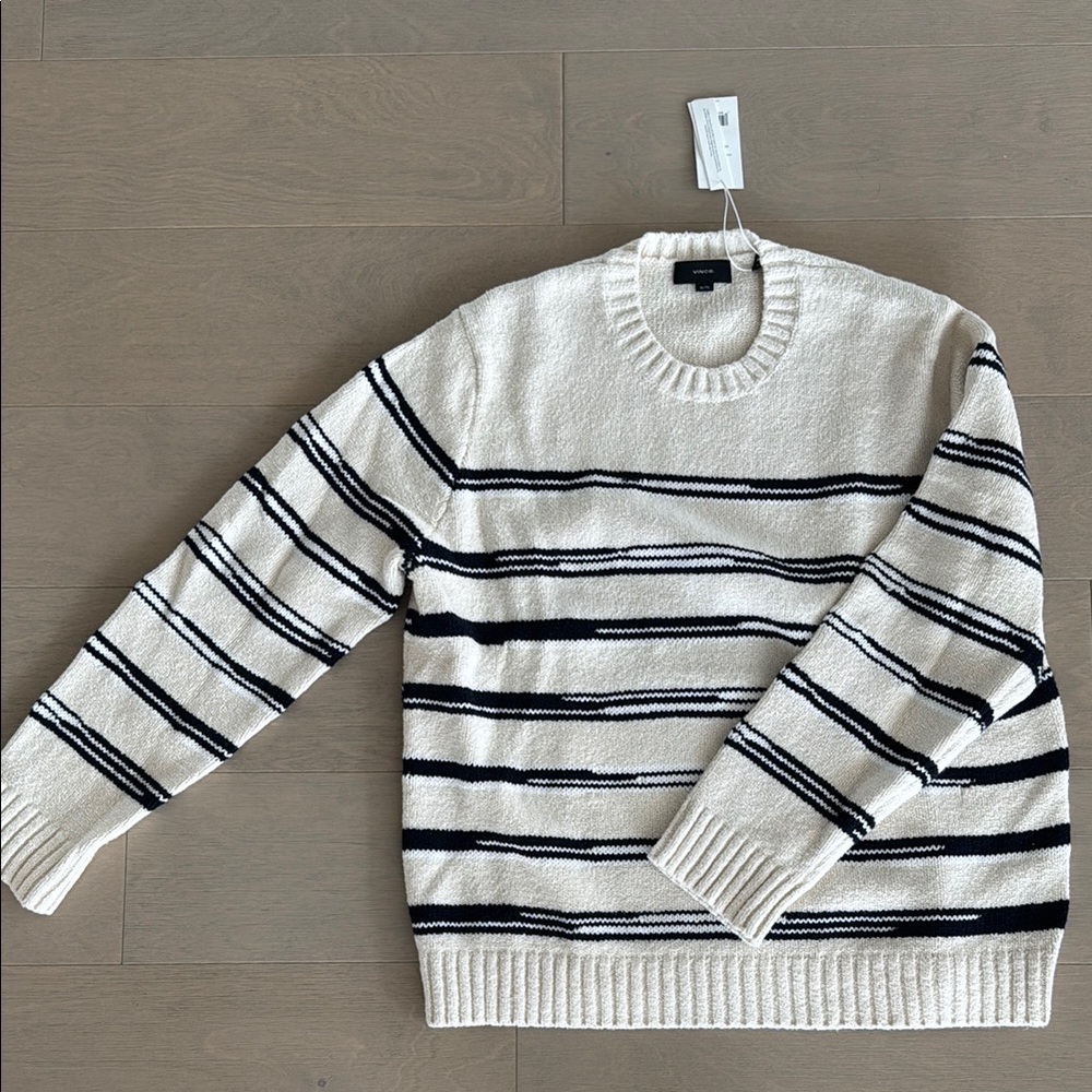 Vince Cream and Black Striped Crewneck Sweater